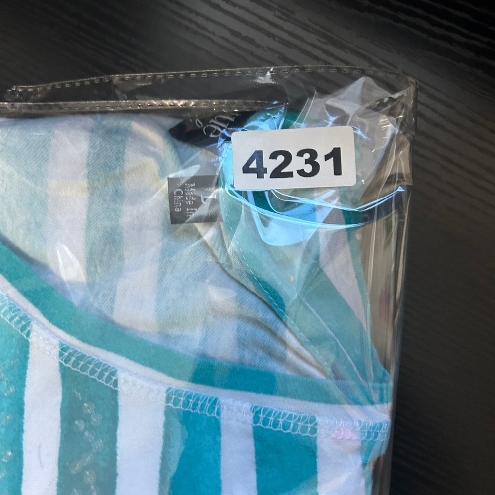 Onque Casual V Neck Knit Top Womens Large Aqua White Striped 3/4 Sleeve Stretch - Picture 7 of 7